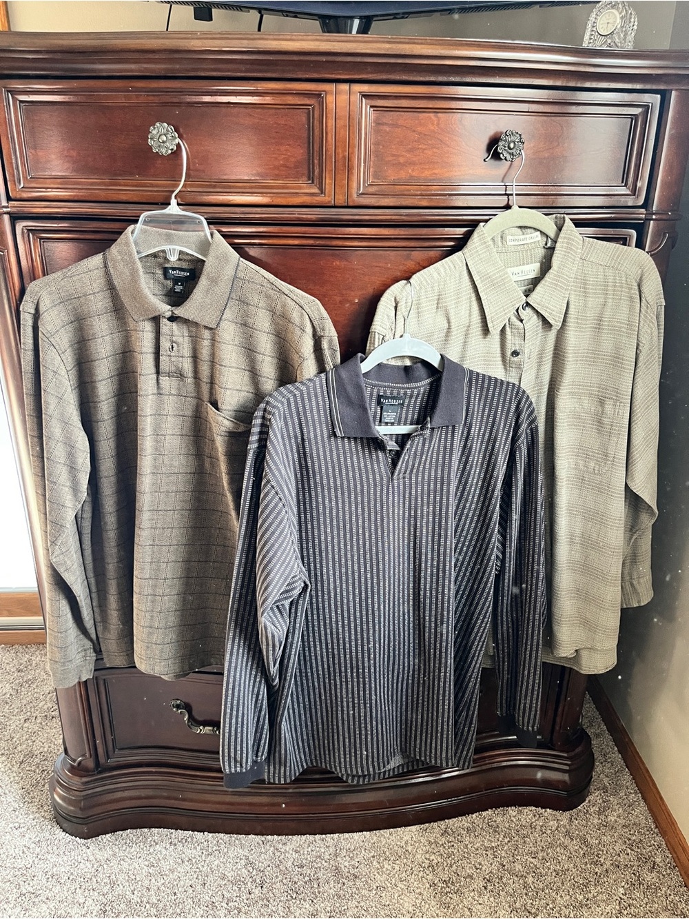 Van Heusen Men's Long-Sleeve Polo Trio in Brown, Tan, and Black